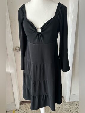 Black Long-Sleeve Tiered Dress with Front Ring Accent